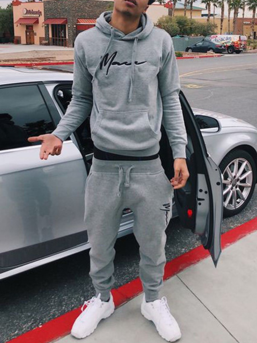 LW Men Letter Print Drawstring Oversized Two Piece Pants Set LW Men Letter Print Drawstring Oversized Two Piece Pants Set