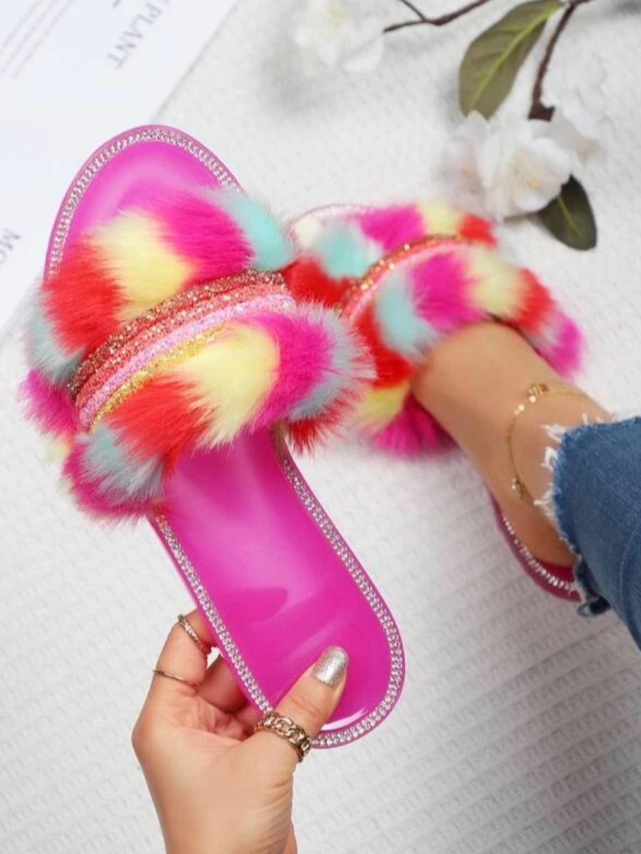 

LW Striped Fluffy Slippers, Rose red