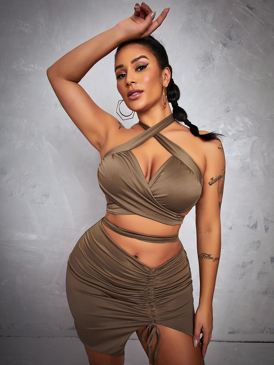 

Lovely Bandage Hollow-out Design Two Piece Skirt Set, Light coffee