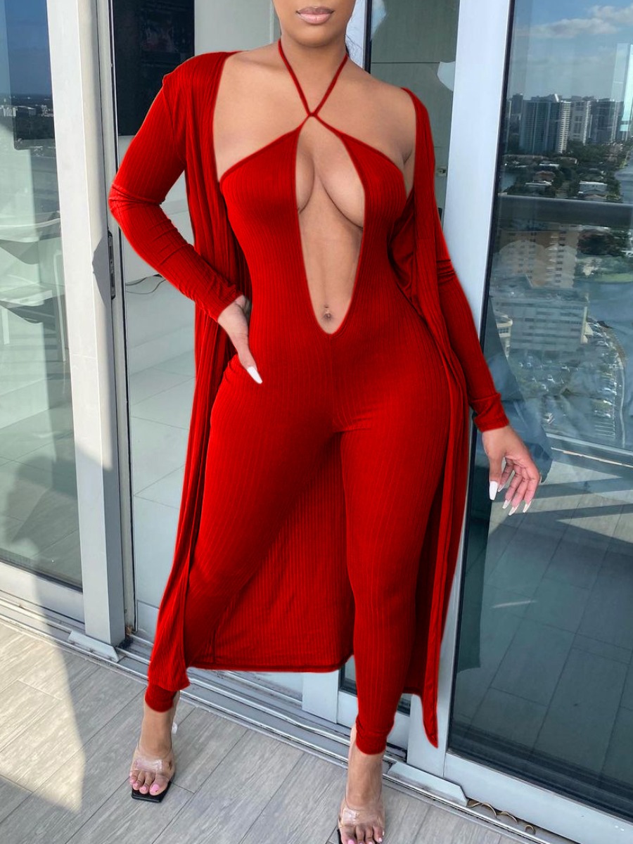 

LW SXY Deep V Neck Basic Skinny Two Piece Jumpsuit Set, Red