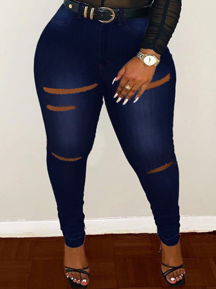 

LW Plus Size High-waisted Ripped Jeans, Deep blue