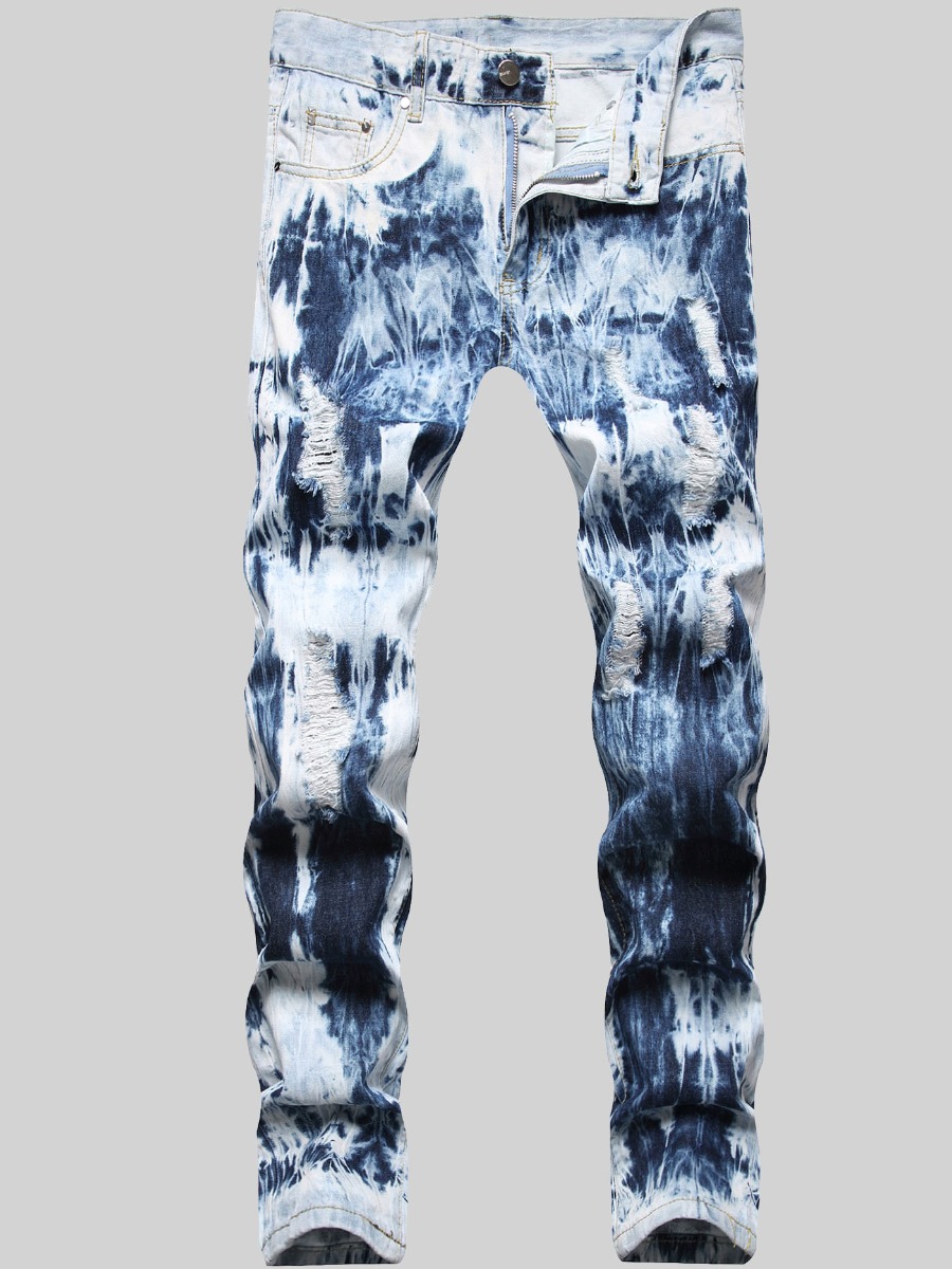 

LW Men Ripped Tie-dye Jeans (No Stretch), Blue