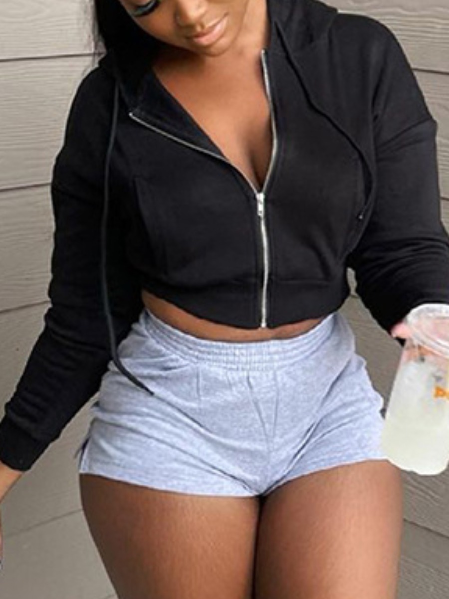 

LW BASICS Dropped Shoulder Zipper Design Hoodie, Black