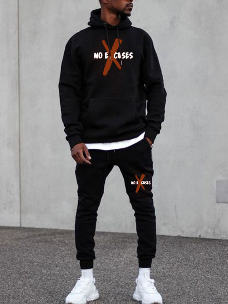 

LW Men Hooded Collar Letter Print Oversized Two Piece Pants Set, Black