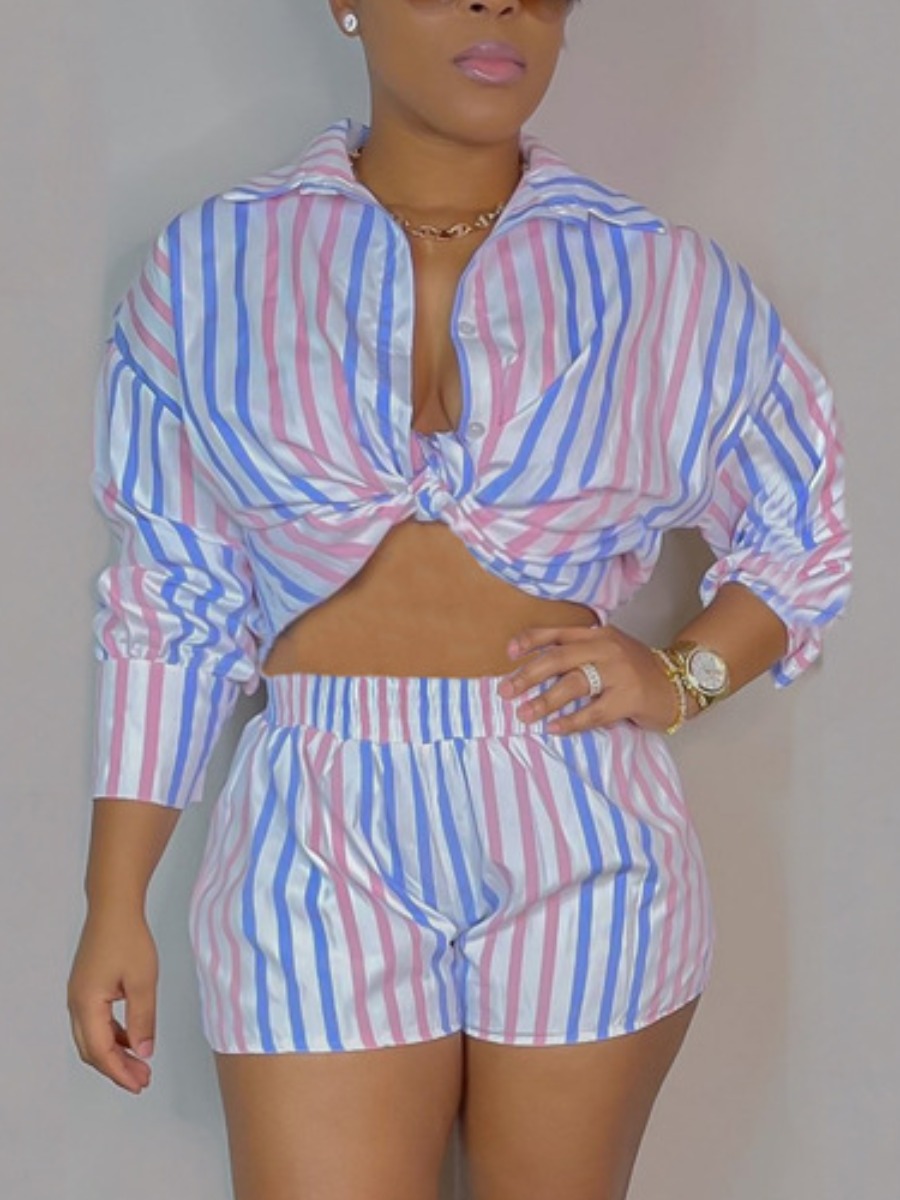 

LW Turndown Collar Striped Shorts Set, Pink