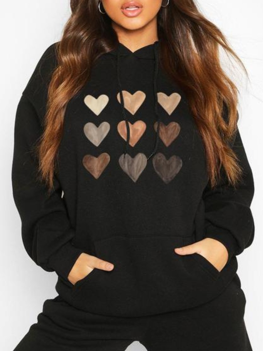 

LW Heart Print Kangaroo Pocket Oversized Hoodie, Black