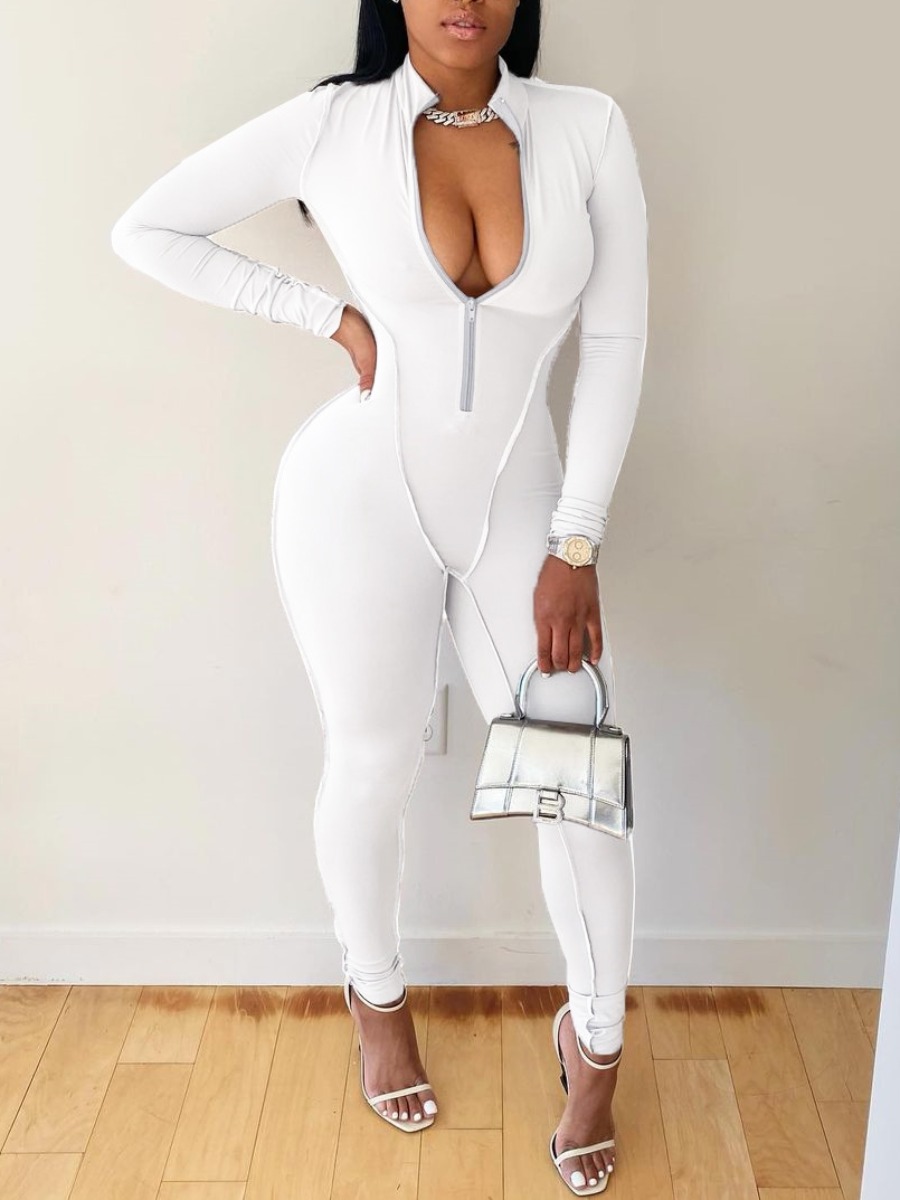 

LW SXY Zipper Design Basic Skinny Jumpsuit, White