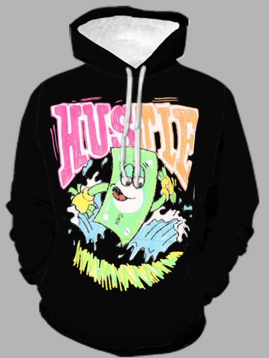 

LW Men Cartoon Letter Print Oversized Hoodie, Black