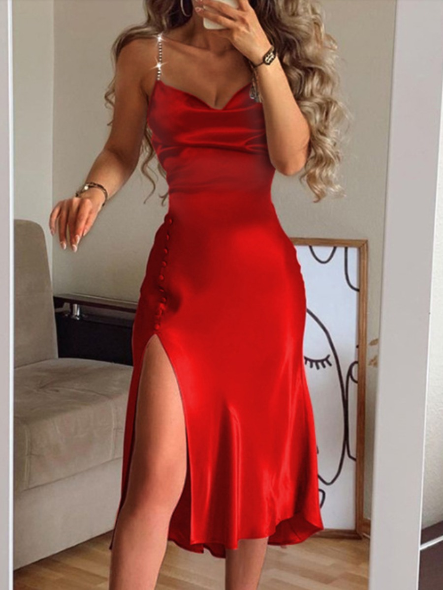 

LW SXY Chain Strap Slit Cami Prom Dress, Red