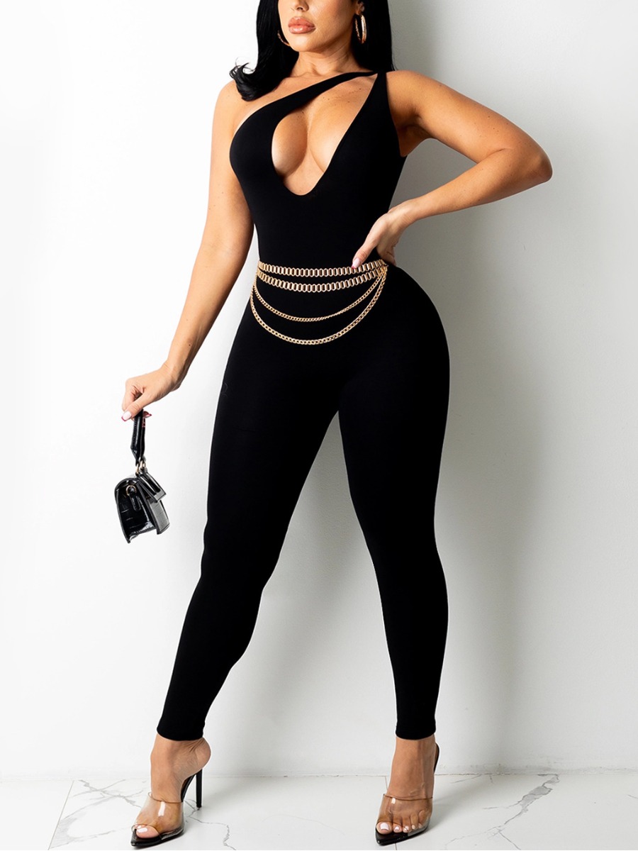 

LW SXY One Shoulder Hollow-out Jumpsuit (Without Waist Chain), Black
