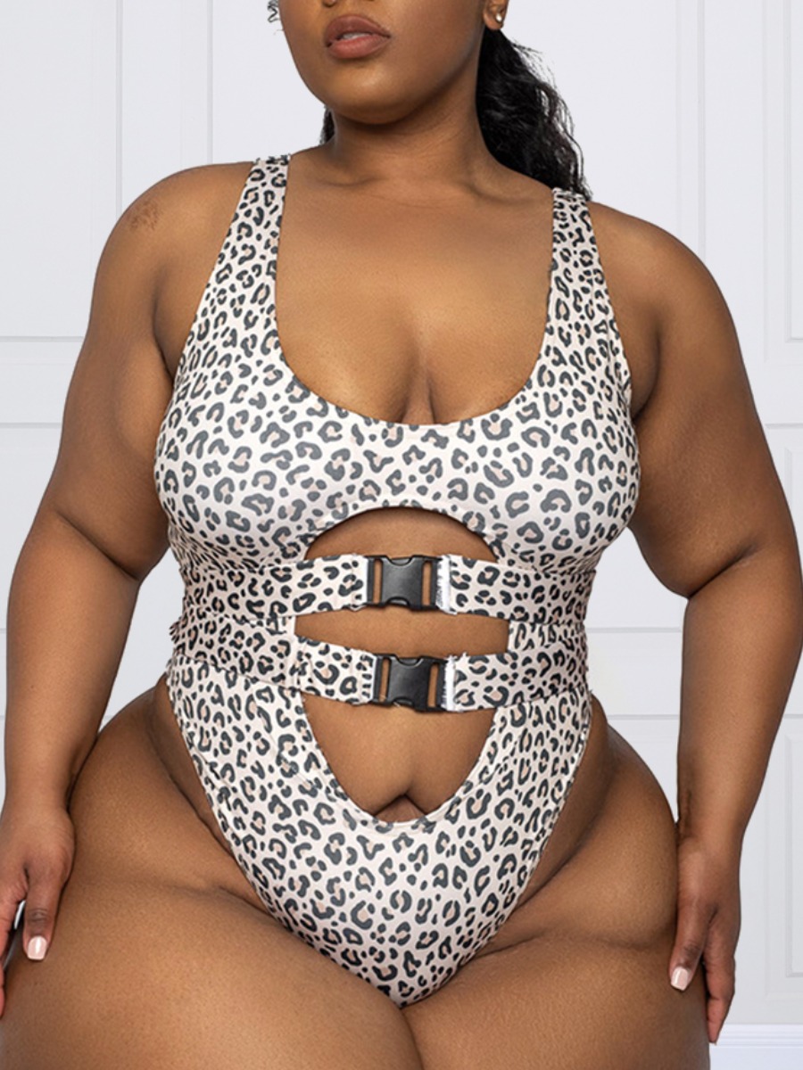 

LW SXY Plus Size Leopard Print Buckle Design Bodysuit
