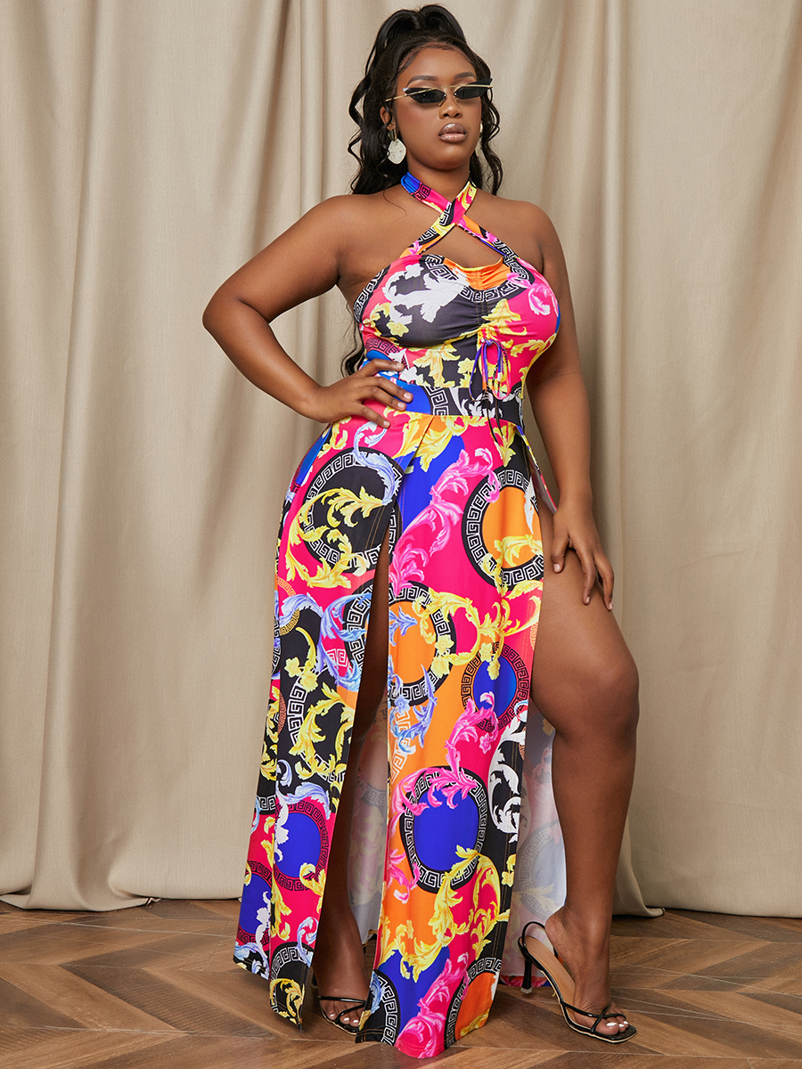 

LW Plus Size Boho Off The Shoulder Print Split Rose Red Floor Length Dress