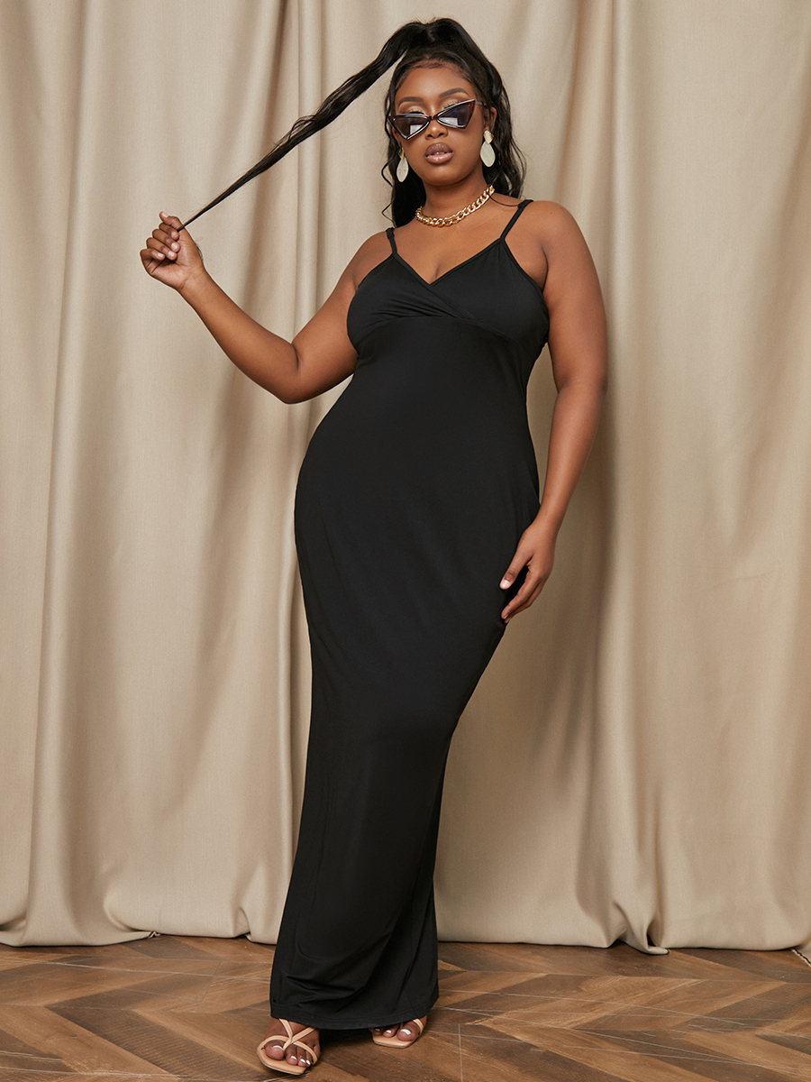 

LW Plus Size Casual Spaghetti Strap Slit Black Floor Length Dress