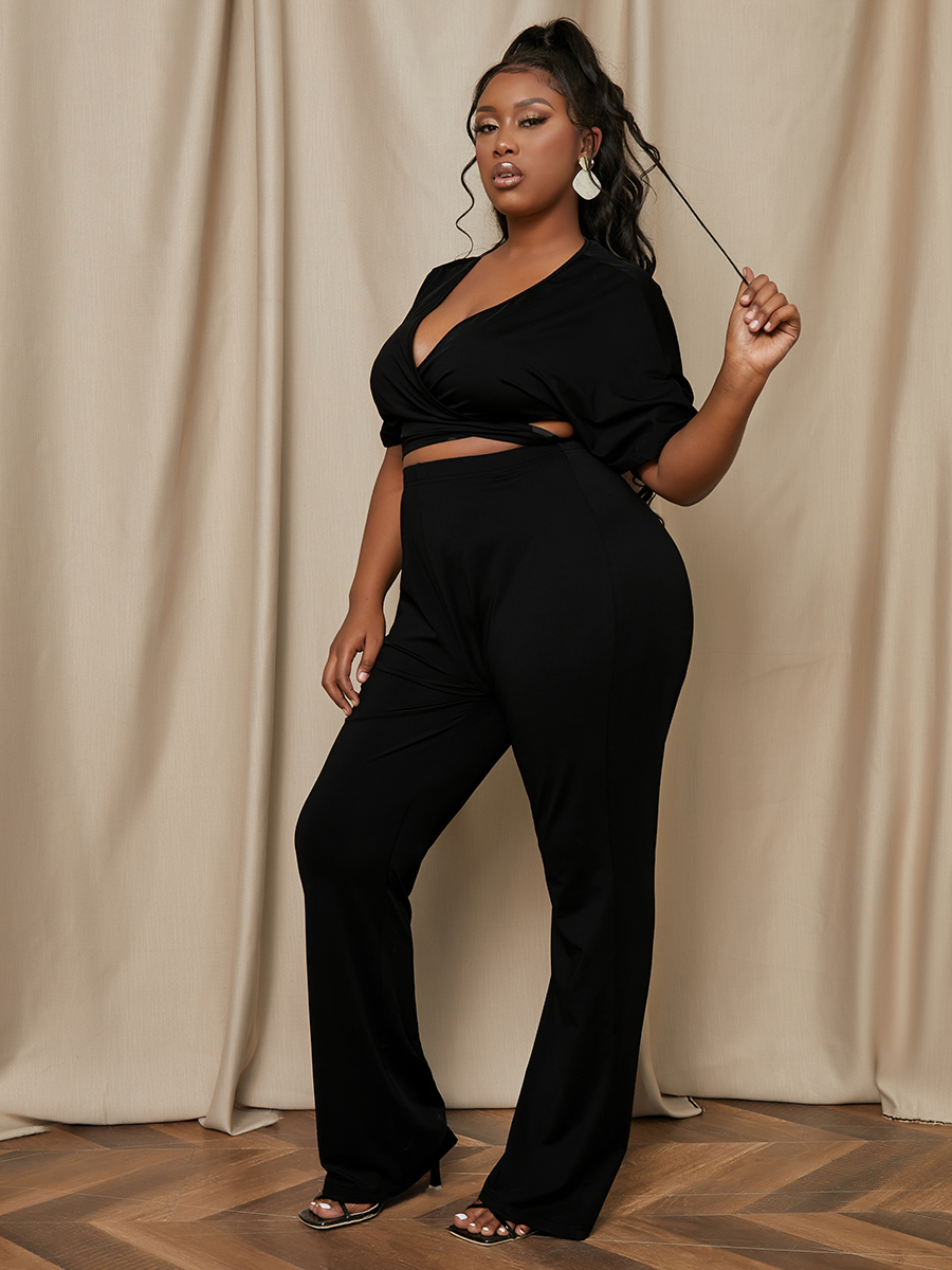 

LW Plus Size V Neck Elastic Two Piece Pants Set, Black
