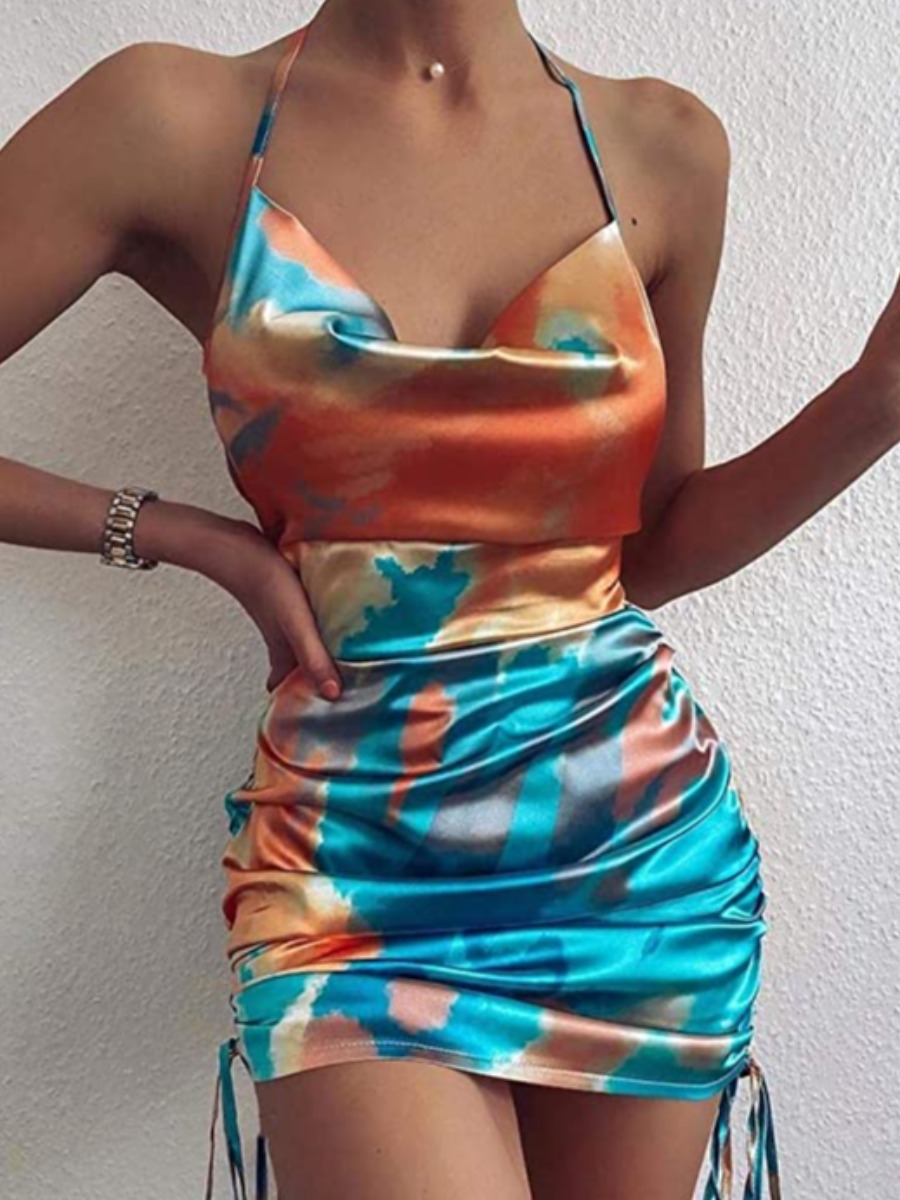 

LW SXY Backless Drawstring Prom Dress, Baby blue