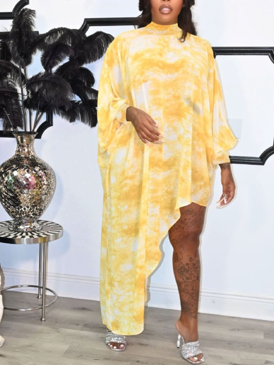 

Lovely Dropped Shoulder Tie-dye Asymmetrical Dress, Yellow
