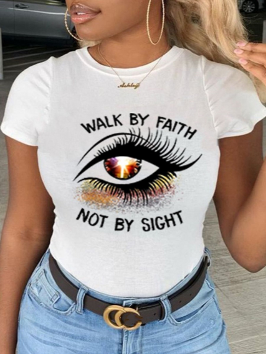 LW Casual Eye Letter Print White T-shirt
