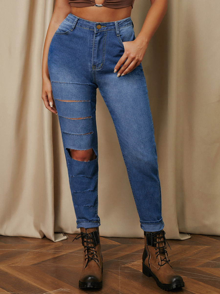 LW Mid Waist Stretch Ripped Jeans