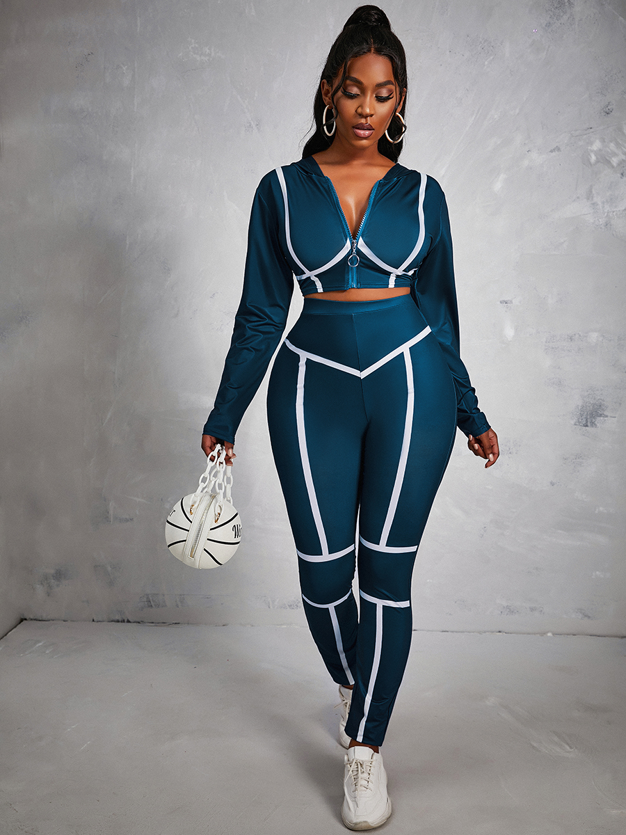 

LW Hooded Collar Striped Tracksuit Set, Deep blue