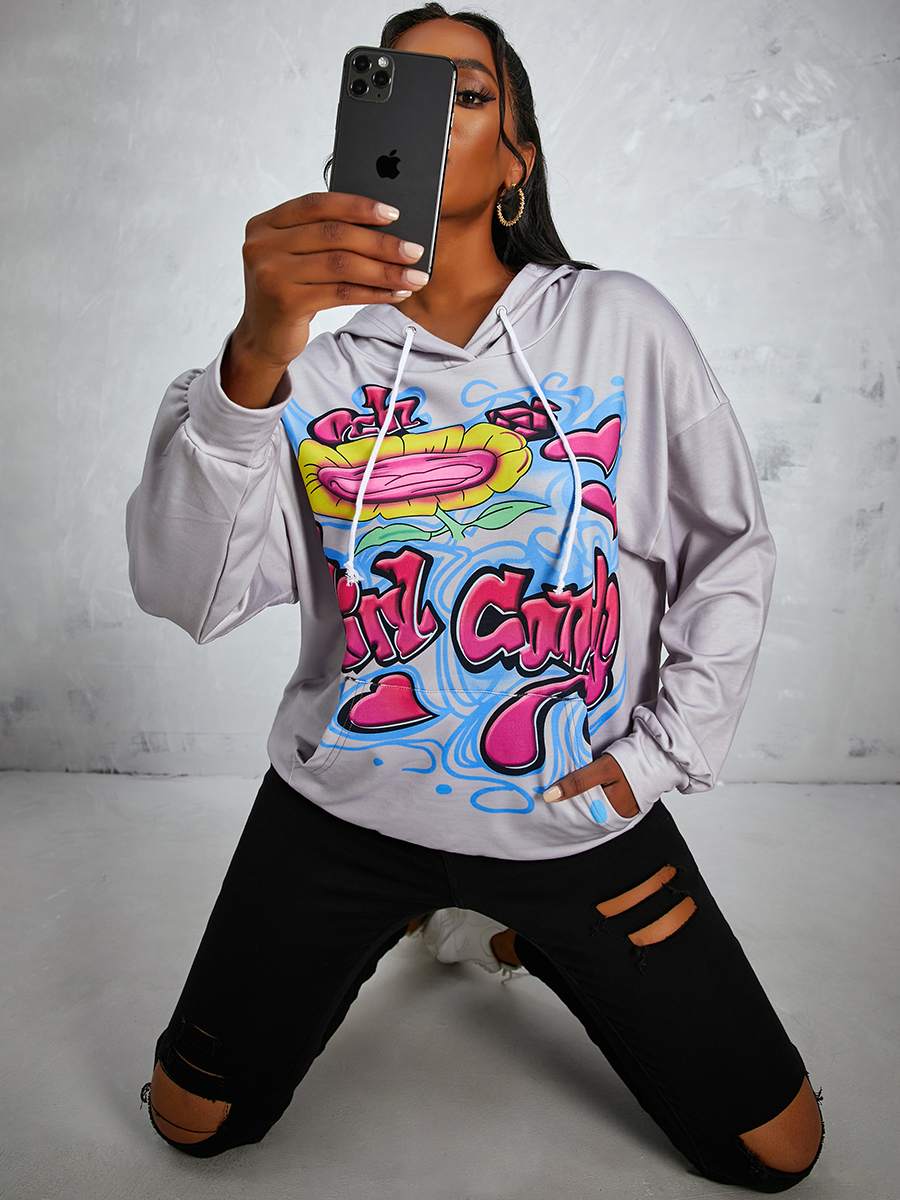 LW Floral Letter Print Kangaroo Pocket Hoodie