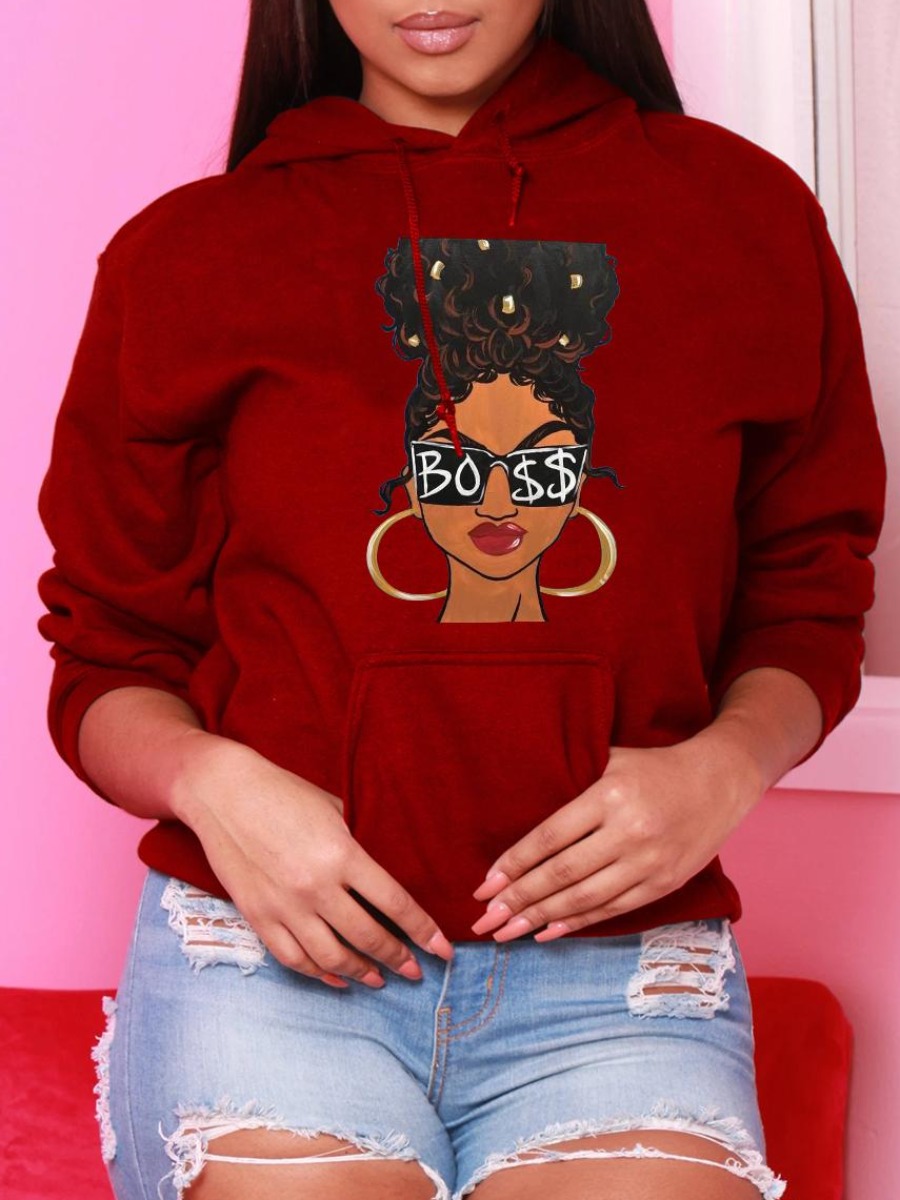 

LW Figure Print Kangaroo Pocket Hoodie, Wine red