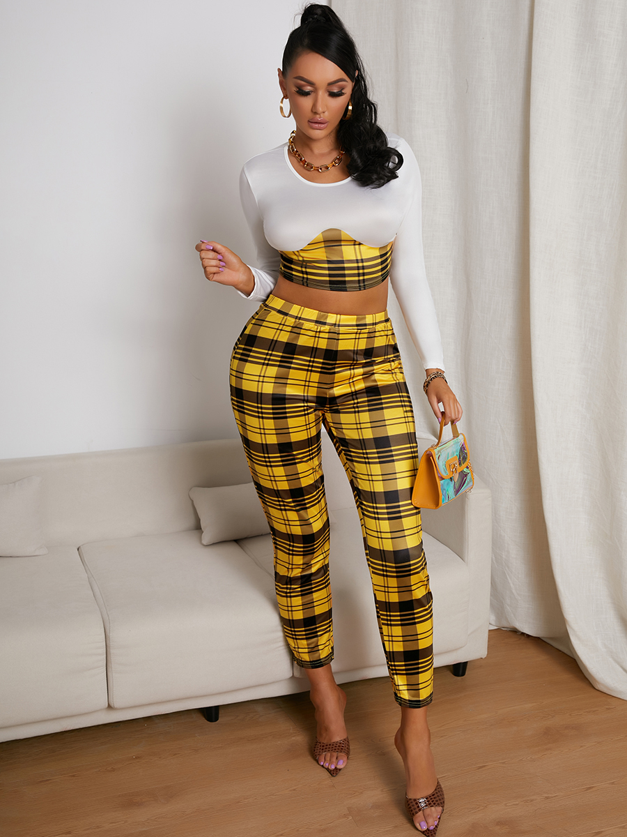 

LW Plaid Print Crop Top Pants Set, Yellow