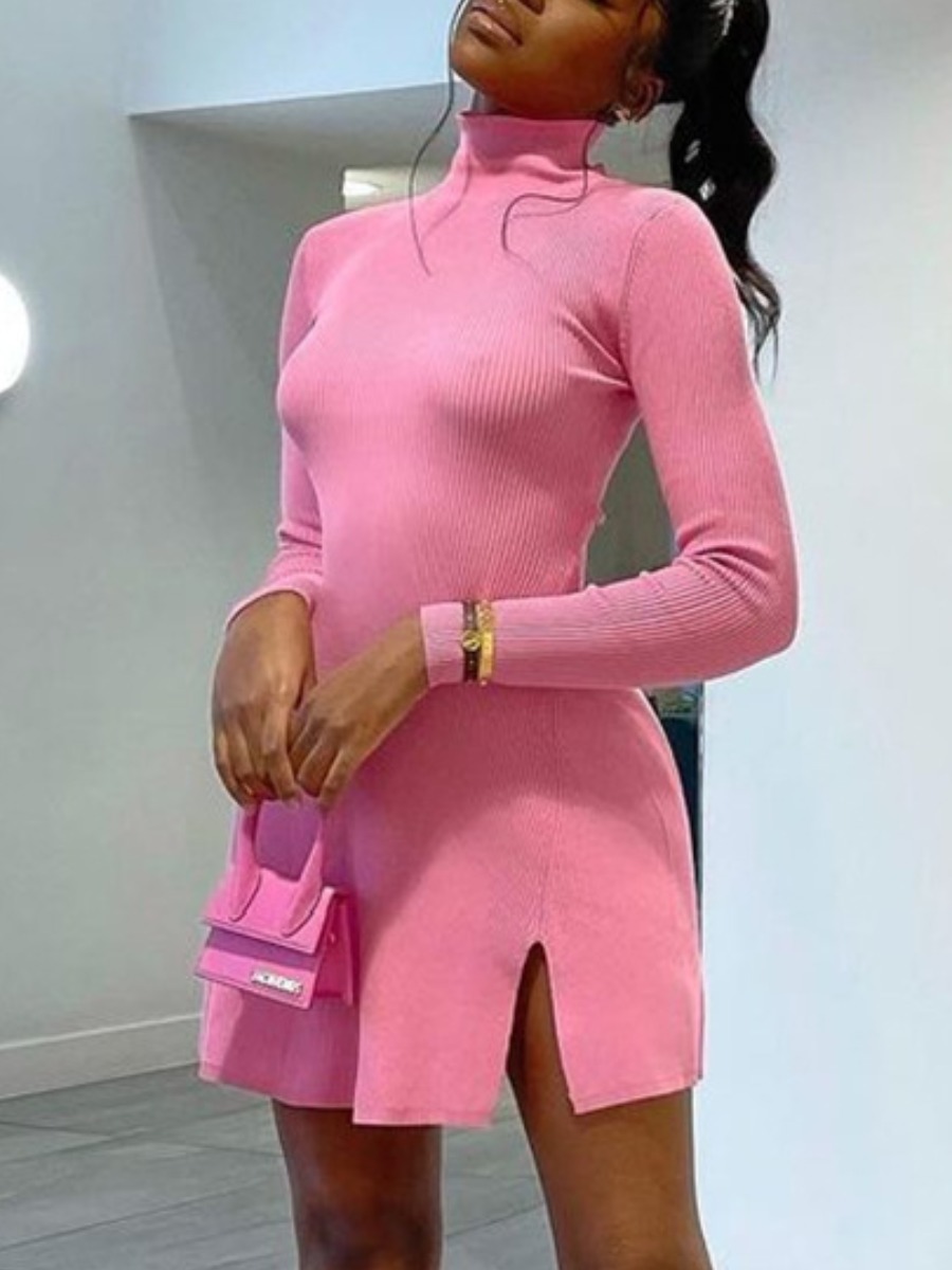 

Lovely Turtleneck Rib-Knit Slit Dress, Pink