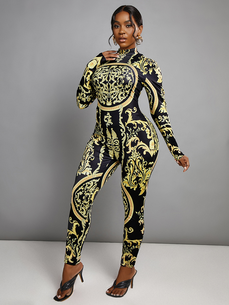 

LW Trendy Versace Print Skinny Yellow One-piece Jumpsuit