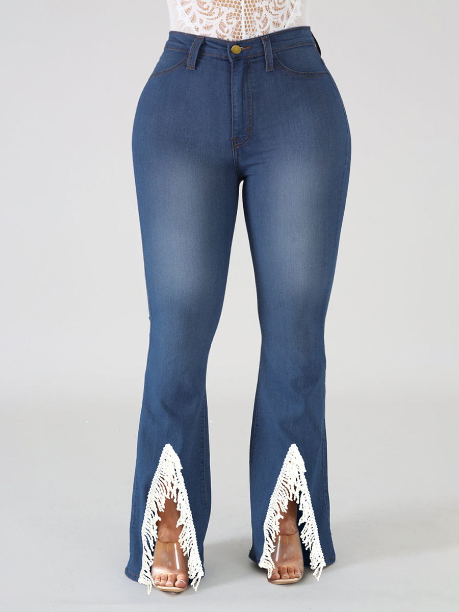 

LW Plus Size Mid Waist Stretchy Slit Raw Edge Jeans, Blue