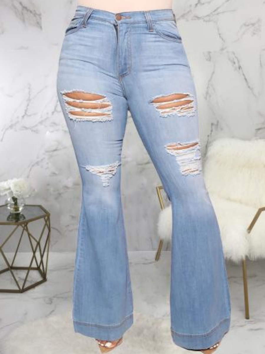 

LW Plus Size Mid Waist Ripped Flared Jeans, Baby blue
