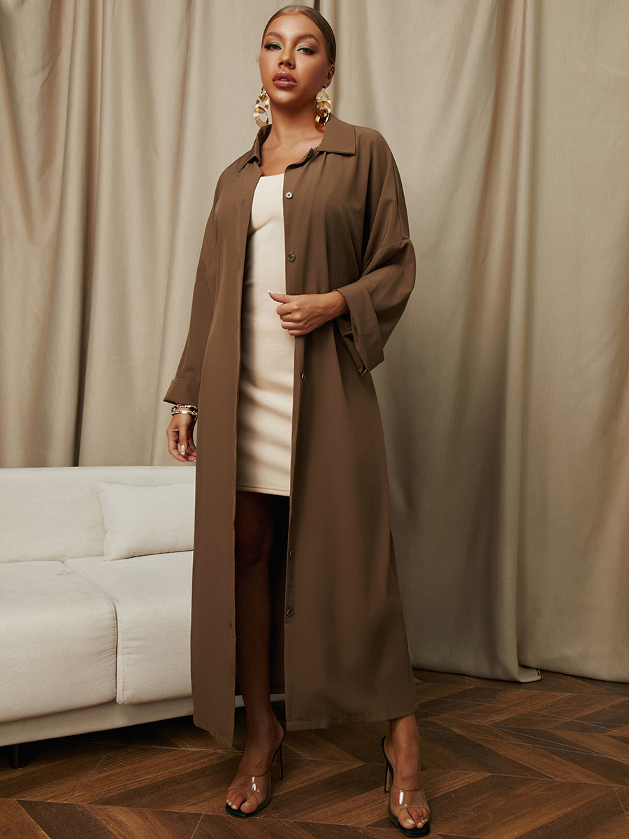 

LW Turndown Collar Button Design Trench Coat, Brown