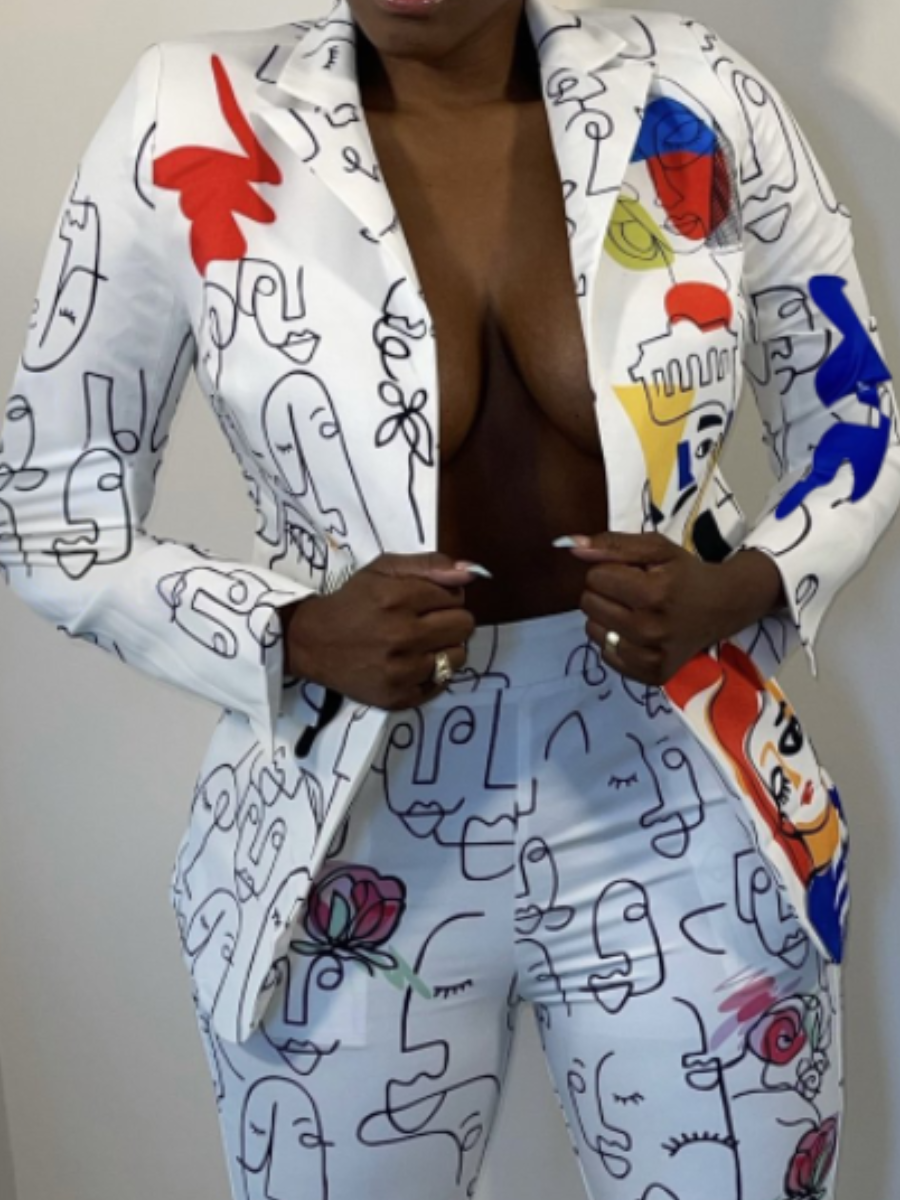 

LW Turndown Collar Graffiti Print Blazer, White