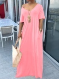 Lovely Casual Pockets Design Light Pink Blending Floor Length Dress