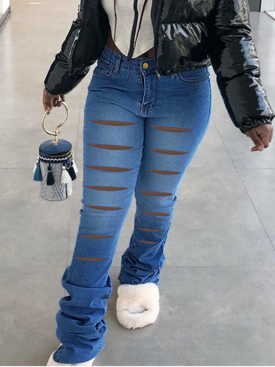 

LW Stretch Ripped Fold Design Jeans, Blue