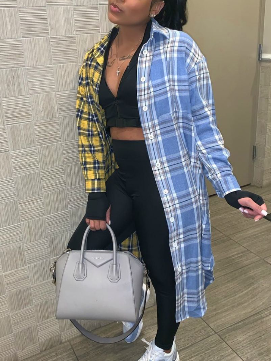 

LW Turndown Collar Plaid Print Coat, Blue