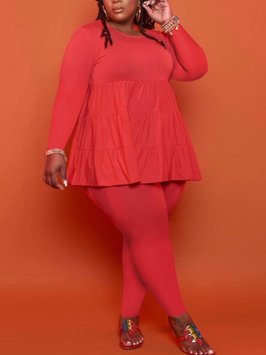 

LW Plus Size Round Neck Ruffle Design Pants Set, Red
