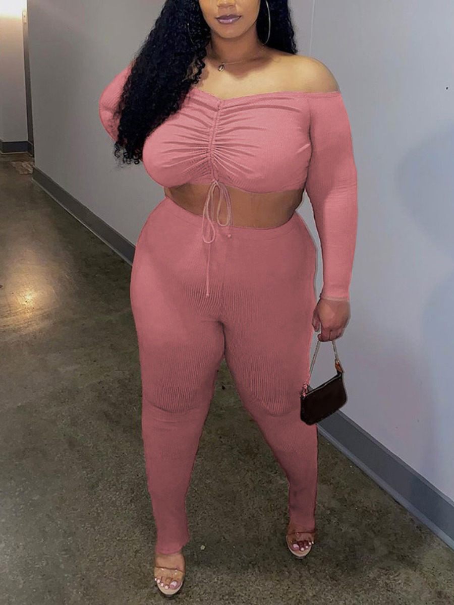 

LW Plus Size Drawstring Crop Top Pants Set, Dark pink