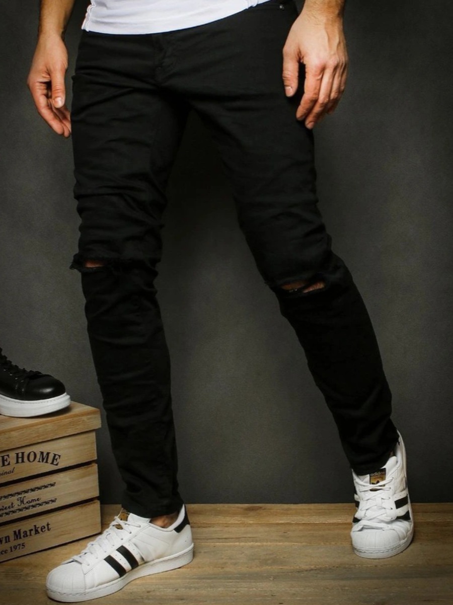 

LW Men Mid Waist High Stretchy Ripped Jeans, Black