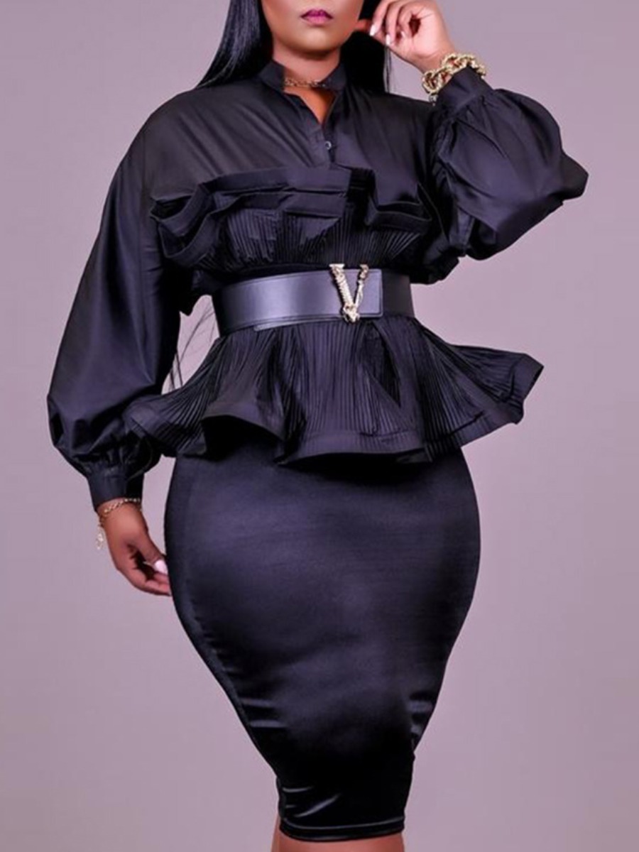 

LW Plus Size Button Flounce Design Skirt Set (Without Belt), Black