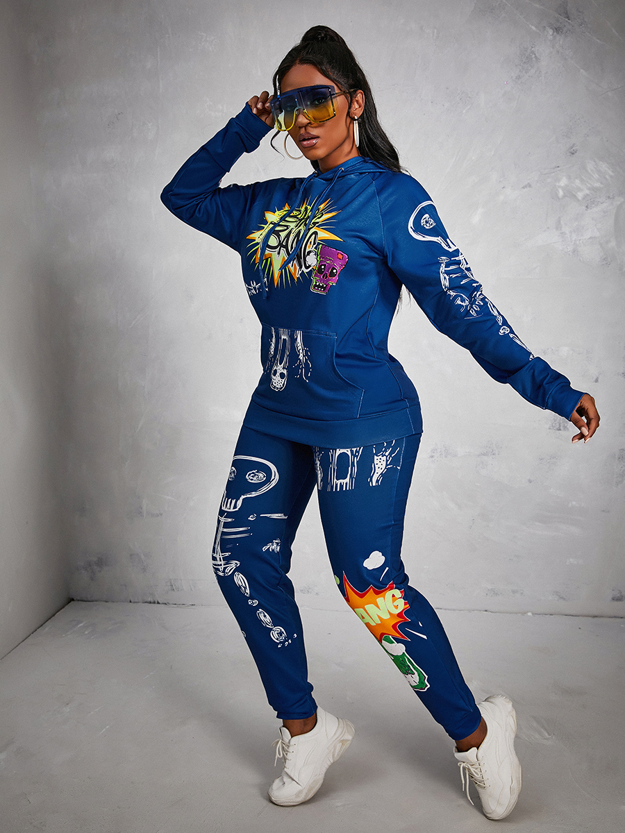 

LW Casual Hooded Collar Print Blue Two Piece Pants Set