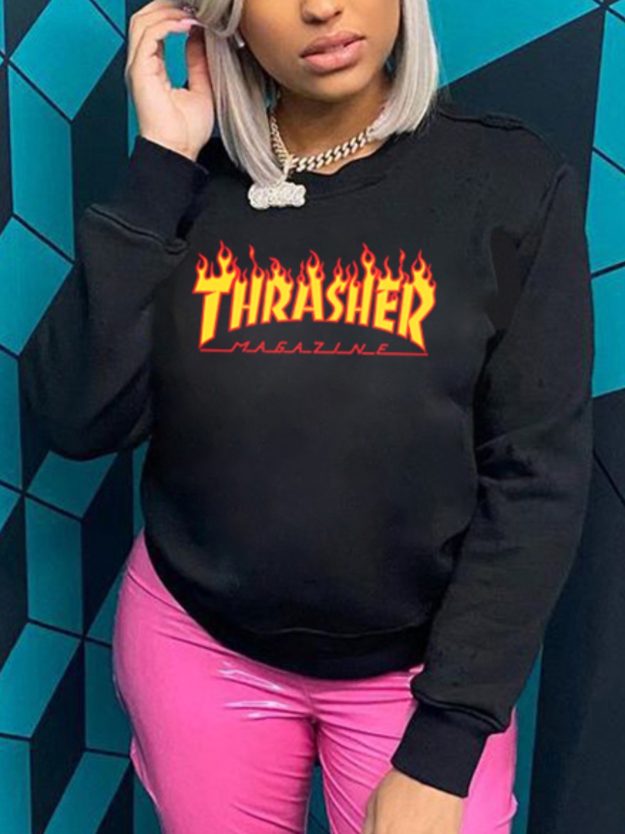 

LW Flame Letter Print Hoodie, Black