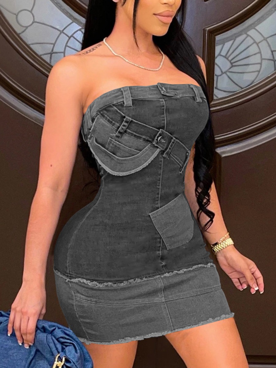 

LW Off The Shoulder Raw Edge Bodycon Dress, Dark grey