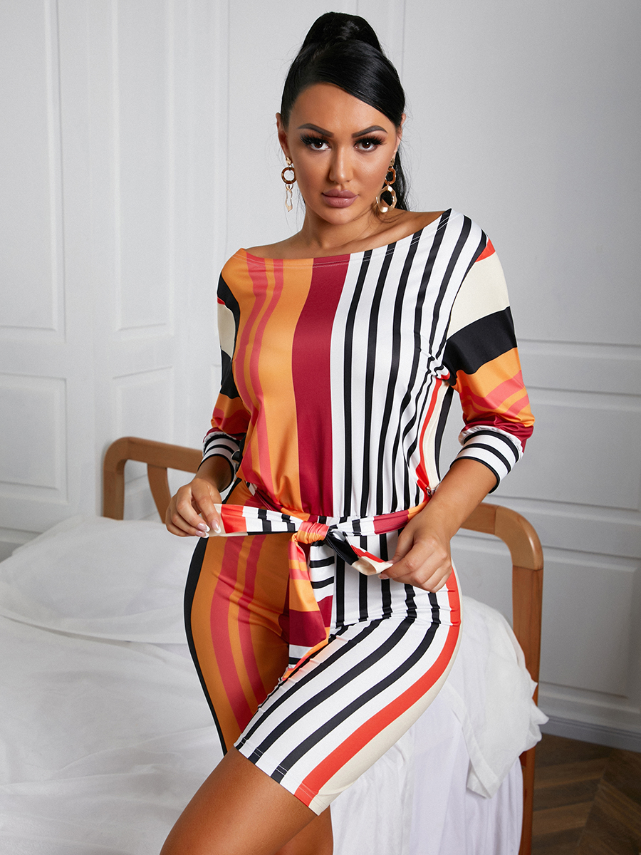 

LW Boat Neck Striped One-piece Romper, Orange yellow