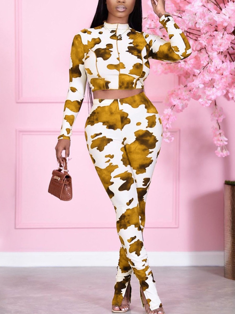 

LW Half A Turtleneck Cow Print Pants Set, Yellow