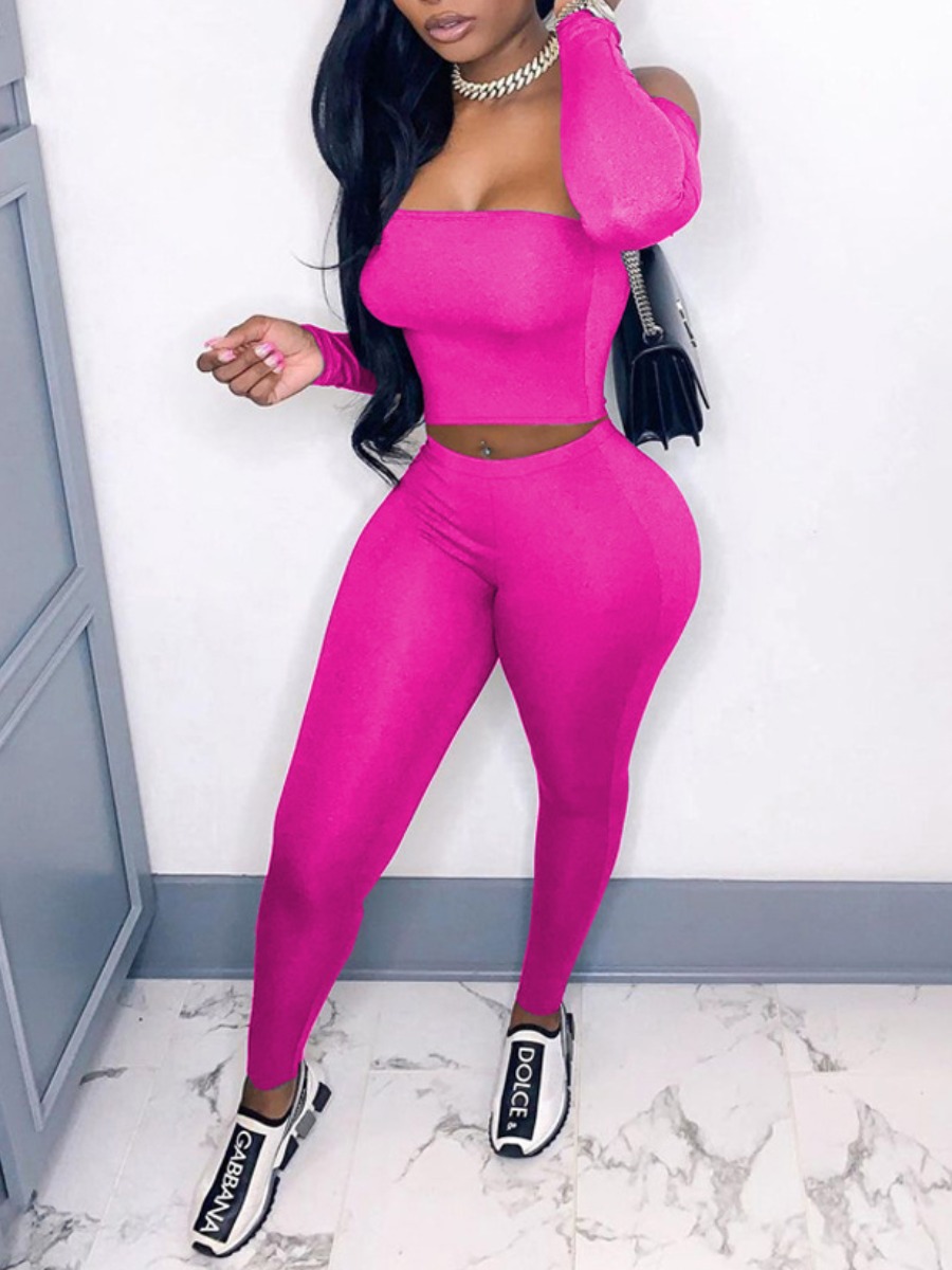 

LW SXY Off The Shoulder Basic Skinny Pants Set, Rose red