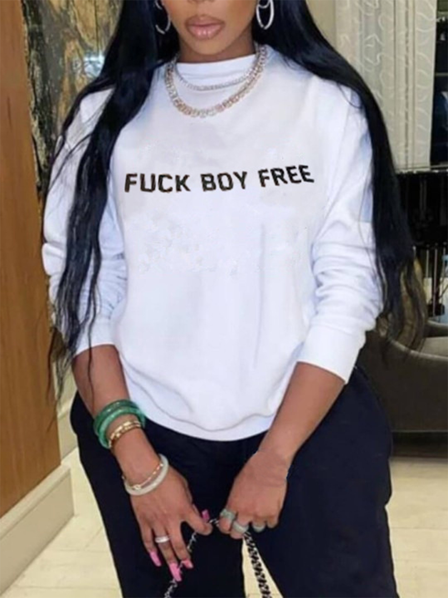 

LW BASICS Round Neck Letter Print Hoodie, White
