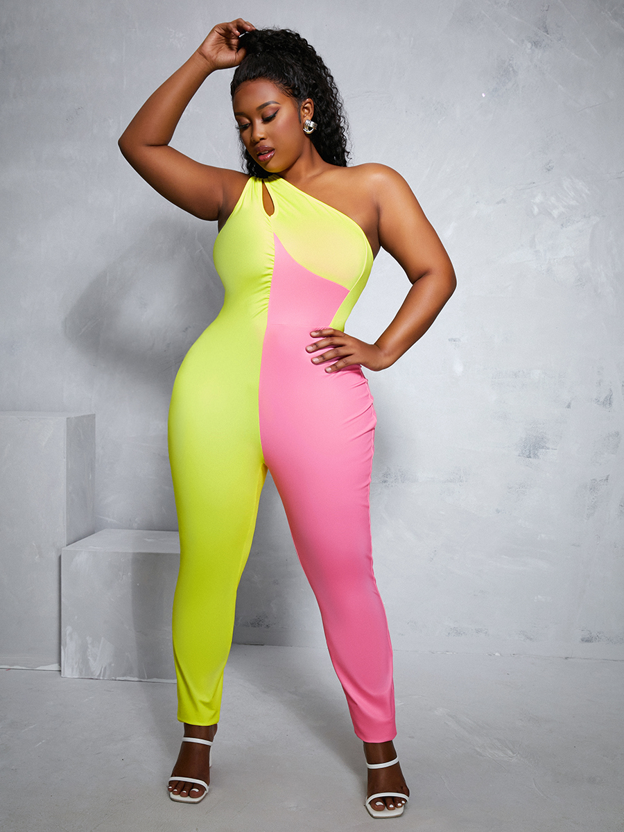 

LW Plus Size One Shoulder Hollow-out Bodycon One-piece Jumpsuit, Yellow