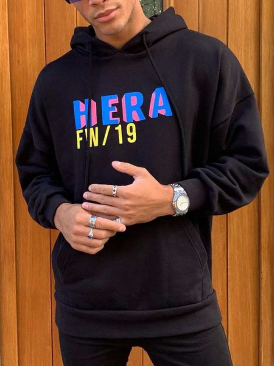 

LW Men Letter Print Oversized Hoodie, Black