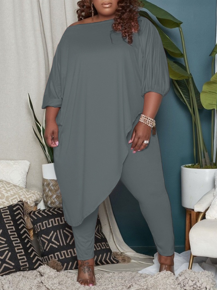 

LW COTTON Plus Size Material Series Asymmetrical Pants Set, Grey