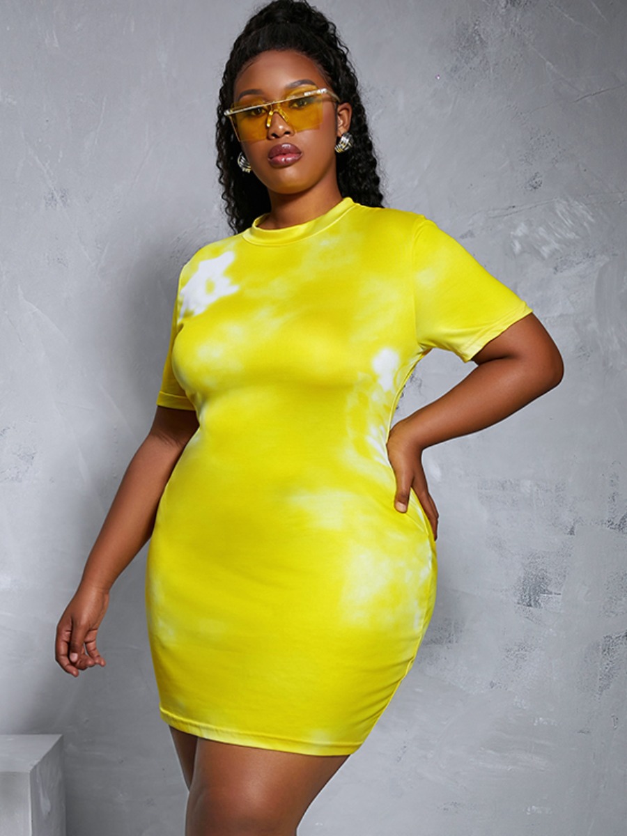 

LW Plus Size Round Neck Tie-dye Bodycon Dress, Yellow
